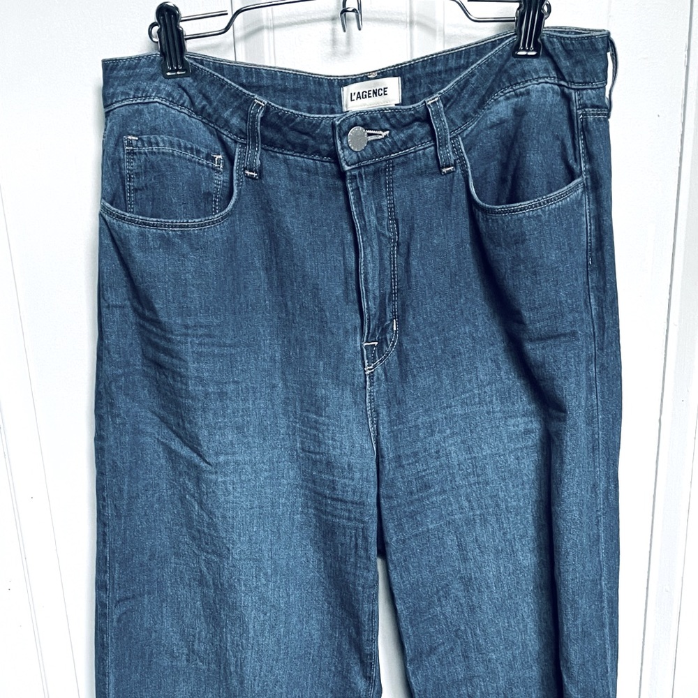 L'AGENCE high rise wide straight leg jeans denim blue raw hem women 28
